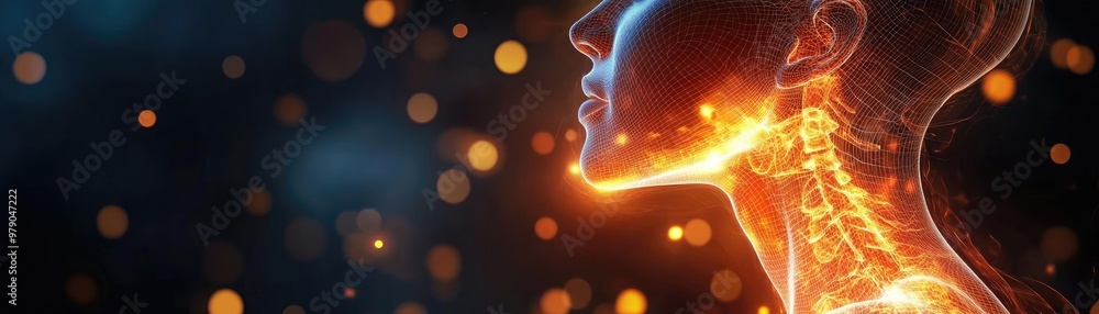 Poster an artistic representation of the human neck displaying a glowing anatomical structure against a dar
