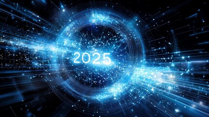 Technological Sphere 2025. Abstract Data Flow in Blue with Numbers Symbolizing Digital Future.