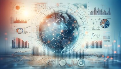 Fototapeta premium Complex financial charts and graphs overlayed indicating market trends, set against a white-to-blue gradient background, symbolizing data analysis