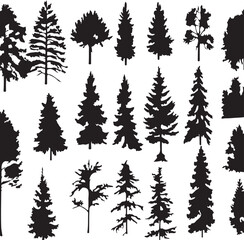 Pine Trres vector trees set. Tree icons are set in a modern flat style. Vector silhouette, graphic trees elements and landscape,generative ai,