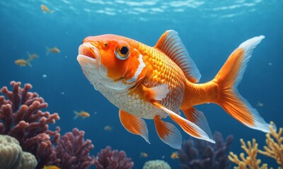 Orange and white fish swims in blue water