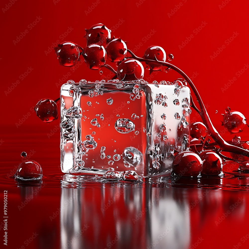 Poster a single ice cube sits on a red surface with droplets of water and red berries.