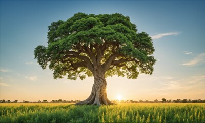 Obraz premium Green foliage of a tree stands tall with the setting sun