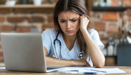 Fototapeta premium Concerned Young Female Nurse Reviews Medical Data on Laptop, Expressing Worry and Stress