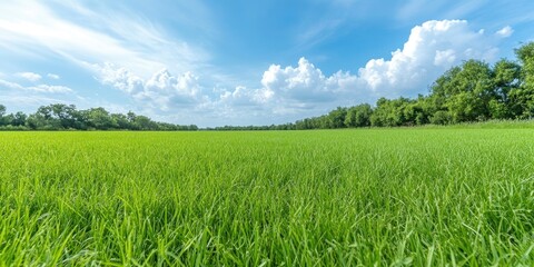 Gorgeous natural beautiful view of a blue sky with clouds in the horizon set against a green field of mowed grass. A lush green grass on a beautiful summer's day.