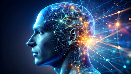 Obraz premium Futuristic close-up of glowing digital human head with neural network visualization , technology