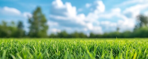 Gorgeous natural beautiful view of a blue sky with clouds in the horizon set against a green field of mowed grass. A lush green grass on a beautiful summer's day.