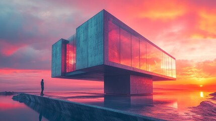 Obraz premium A futuristic cube house with sharp angles, reflective glass panels, and sleek steel frames, in a minimalistic urban setting, sunset casting pink and orange hues, Cyberpunk, Realism