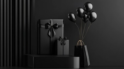 Black Friday poster or banner featuring a black gift box, shopping bag, discount balloon and product display podium. Designed as a sales banner template for social media and websites. generative ai