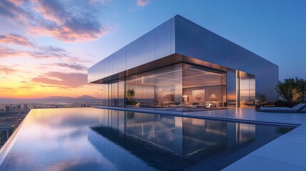 Fototapeta premium A futuristic cube house with sleek metallic walls reflecting the sunset, featuring a rooftop infinity pool overlooking a cityscape, minimalist modern design