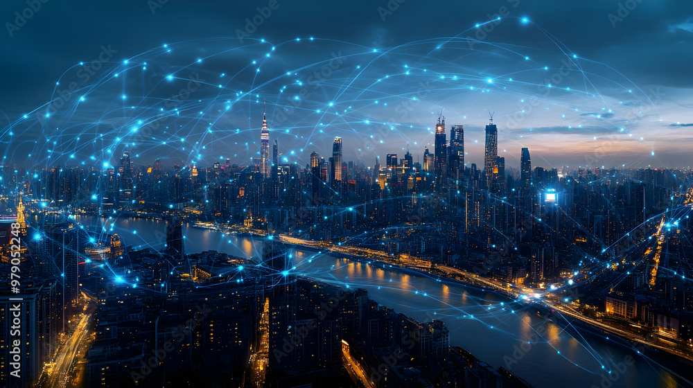 Poster a nighttime view of a city skyline with illuminated buildings and a network of glowing lines connect