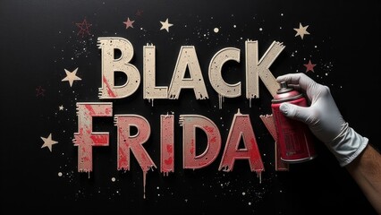 hand in glove holds paint spray bottle, painting graffity style text "black friday" with stars on black background