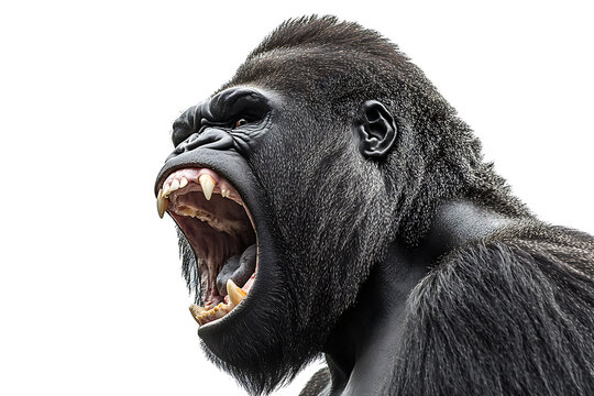A close-up of a roaring gorilla showcasing its fierce expression and powerful features.