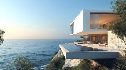 A minimalist beachfront cube home, open glass walls blending seamlessly with the ocean horizon, reflecting the beauty of nature in its sleek design