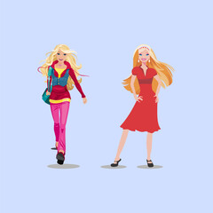Two girls with bags walking.Vector illustration 