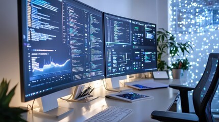 Fototapeta premium Modern Office Desk with Computer Monitors Code and Keyboard