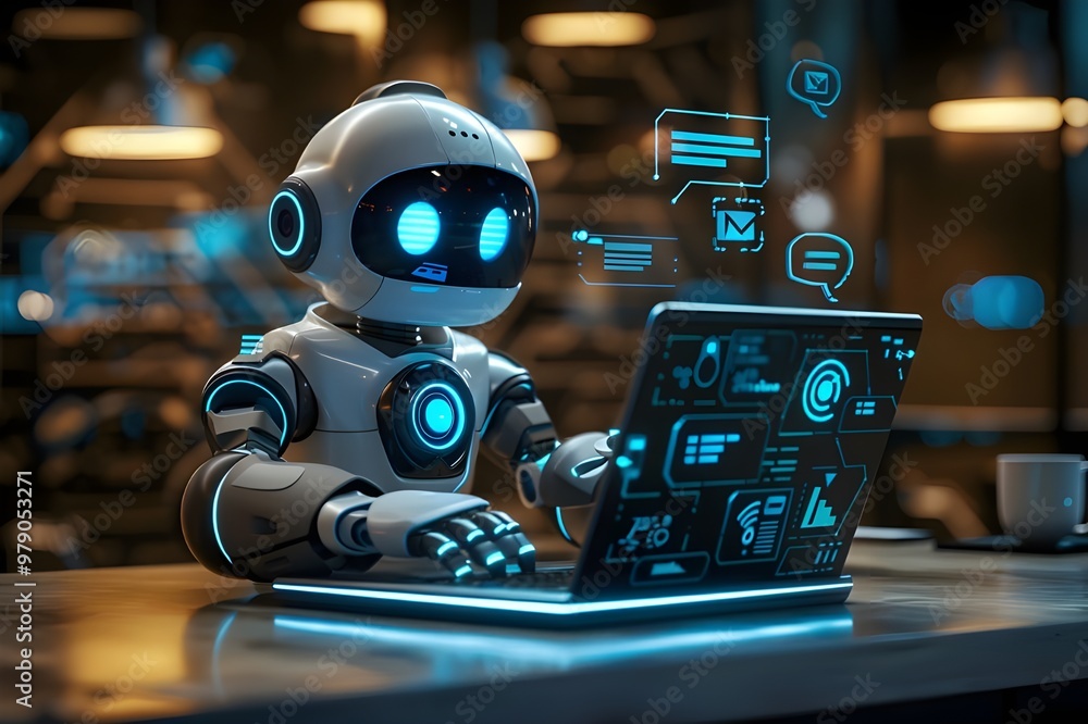 Aufkleber 3d rendering humanoid robot working on laptop computer in dark office at night - generated ai