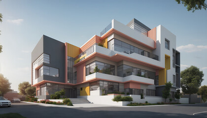 Illustrative frontal view of a new, modern and clearly architecturally planned house, new modern architecture, architectural visualization