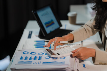 Businesswoman Analyzing Data: A close-up of a businesswoman's hands, meticulously examining...