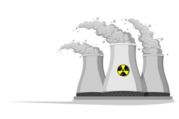 Flat Style Nuclear Industry and Weapons Illustration with Smoking Chimneys, Isolated on White Background, Editable and Scalable EPS Vector for Environmental Impact Design and Print