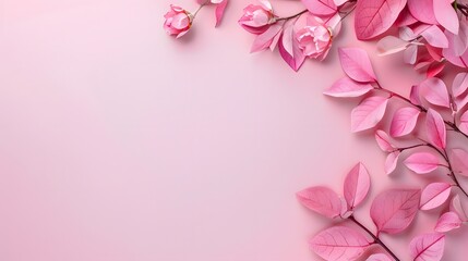 Fototapeta premium A serene arrangement of pink leaves and flowers on a soft pink background.