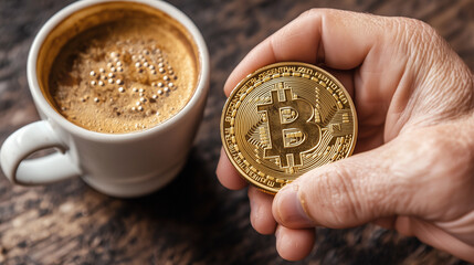 Fototapeta premium Close-up of a hand holding a Bitcoin above coffee