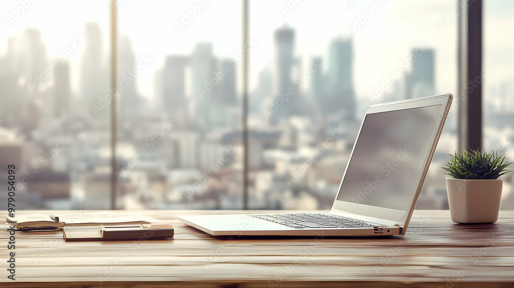 Poster laptop computer resting on a desk with a blurry city skyline view through a window and a small plant