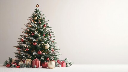 Beautiful decorated Christmas tree with ornaments, lights, and gifts in a festive setting against an empty white background.