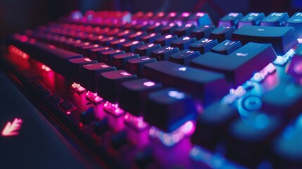 Obraz premium A close-up of a sleek, dark keyboard with red and blue lights, missing keys, and uneven lighting. Futuristic vibes hinting at technology and gaming.