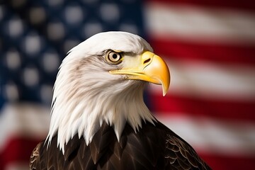 Obraz premium Bald eagle perched with an American flag backdrop in a patriotic setting during daylight