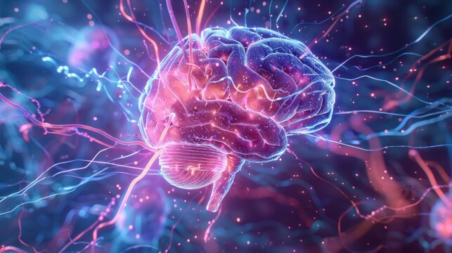 Digital brain image in blue and pink hues with neon-colored connections resembling neural pathways. Futuristic concept, emphasizing AI and left brain structure.