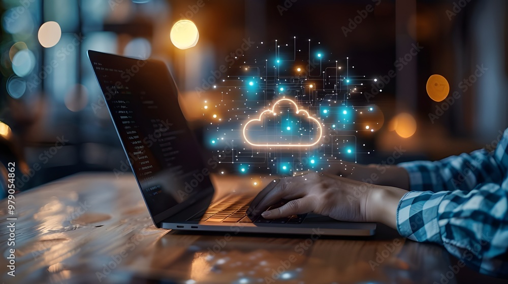 Poster cloud computing technology concept with man working on laptop computer at night. - generated ai