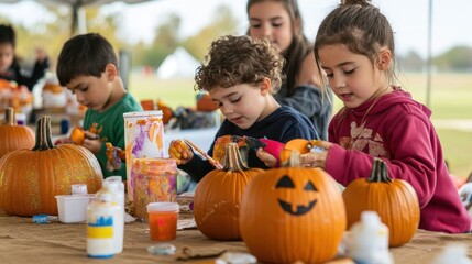 Fototapeta premium children_decorating_pumpkins_at_a_fall day