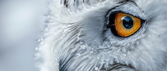 Close-up snowy owl image with white plumage, striking yellow eyes, black tuft, and fluffy white feathers. Serene, majestic, and mysterious vibe against light blue background.