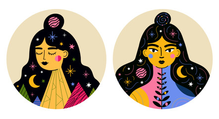 Vector illustration set with long hair woman, abstract elements, stars and planets. Universe female poster, home decoration print design, mother nature concept art