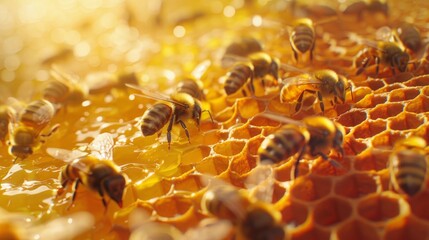A photo showing honey bees on a honeycomb, with 11 bees in motion. Bees engaging in grooming on left, a cluster on right, highlighting their dynamic nature.