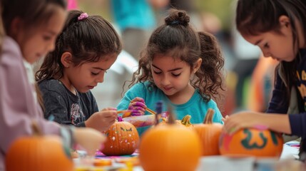 Fototapeta premium children_decorating_pumpkins_at_a_fall day
