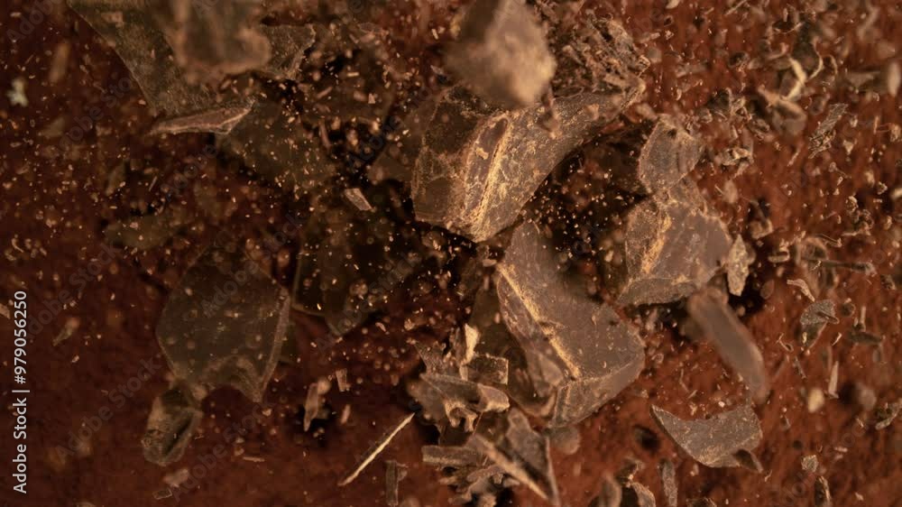 Poster super slow motion of falling group of chocolate pieces. falling down into cocoa powder. filmed on hi