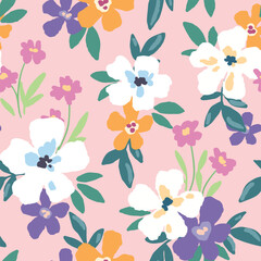 Seamless floral pattern, cute liberty ditsy print, abstract ornament of pretty spring plants. Girly botanical design: small hand drawn flowers, tiny leaves, simple bouquet on pink. Vector illustration © Yulya i Kot