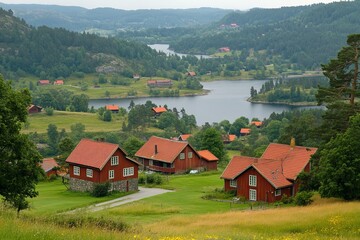 Obraz premium Idyllic Sweden Charming Red Houses Nestled in a Lush Valley by a Tranquil, Forest-lined Lake
