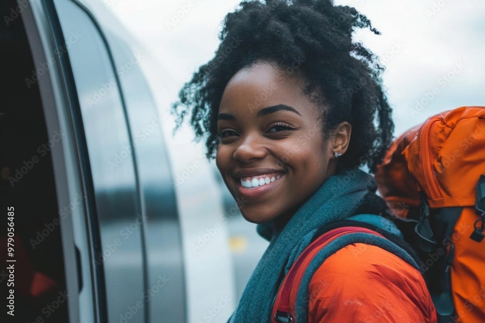 Wall mural a young woman with curly hair smiles brightly as she stands beside a vehicle with an orange backpack