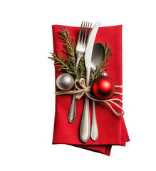 Festive Red Napkin with Cutlery and Christmas Ornament