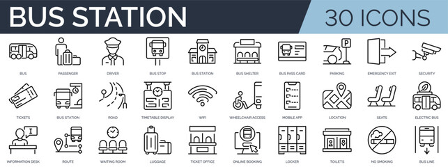 Set of 30 outline icons related to bus station. Linear icon collection. Editable stroke. Vector illustration © SkyLine