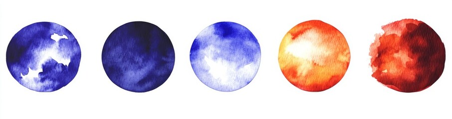 Color watercolor circle set. Modern splash stain watercolor smear on transparent background. Round hand drawn watercolor background with yellow, blue, red, pink, orange, green ink colors.