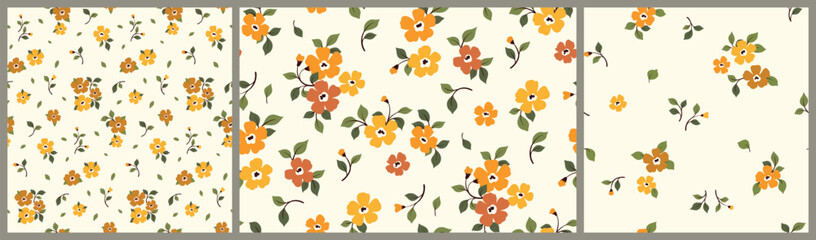 Seamless floral pattern, liberty ditsy print, abstract ornament of small plants. Cute botanical design in folk motif: hand drawn yellow flowers, tiny leaves, simple mini bouquets. Vector illustration. © Yulya i Kot