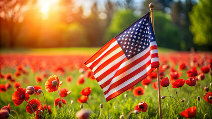 Solemn Memorial Day background with American flag and red poppy flowers , Memorial Day, patriotic, respect