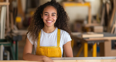 Happy black student with curly hair dressed casually holds tape measure in hands and stands in front of table where she works with wood in carpentry workshop.