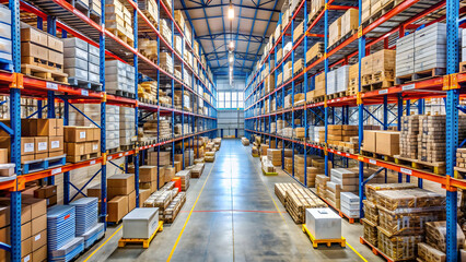Busy warehouse with shelves filled with various products ready for distribution , E-commerce, logistics, warehouse
