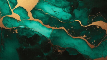 Processed collage of emerald green and gold marble texture. Background for banner, backdrop or texture for 3D mapping