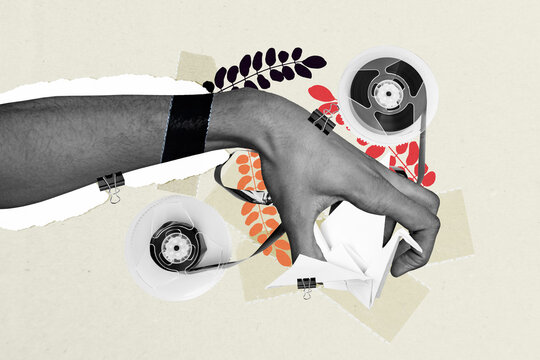 Creative image collage human hand cassette tape movie music vintage audio stereo meloman labum playlist body fragment hand take paper swon